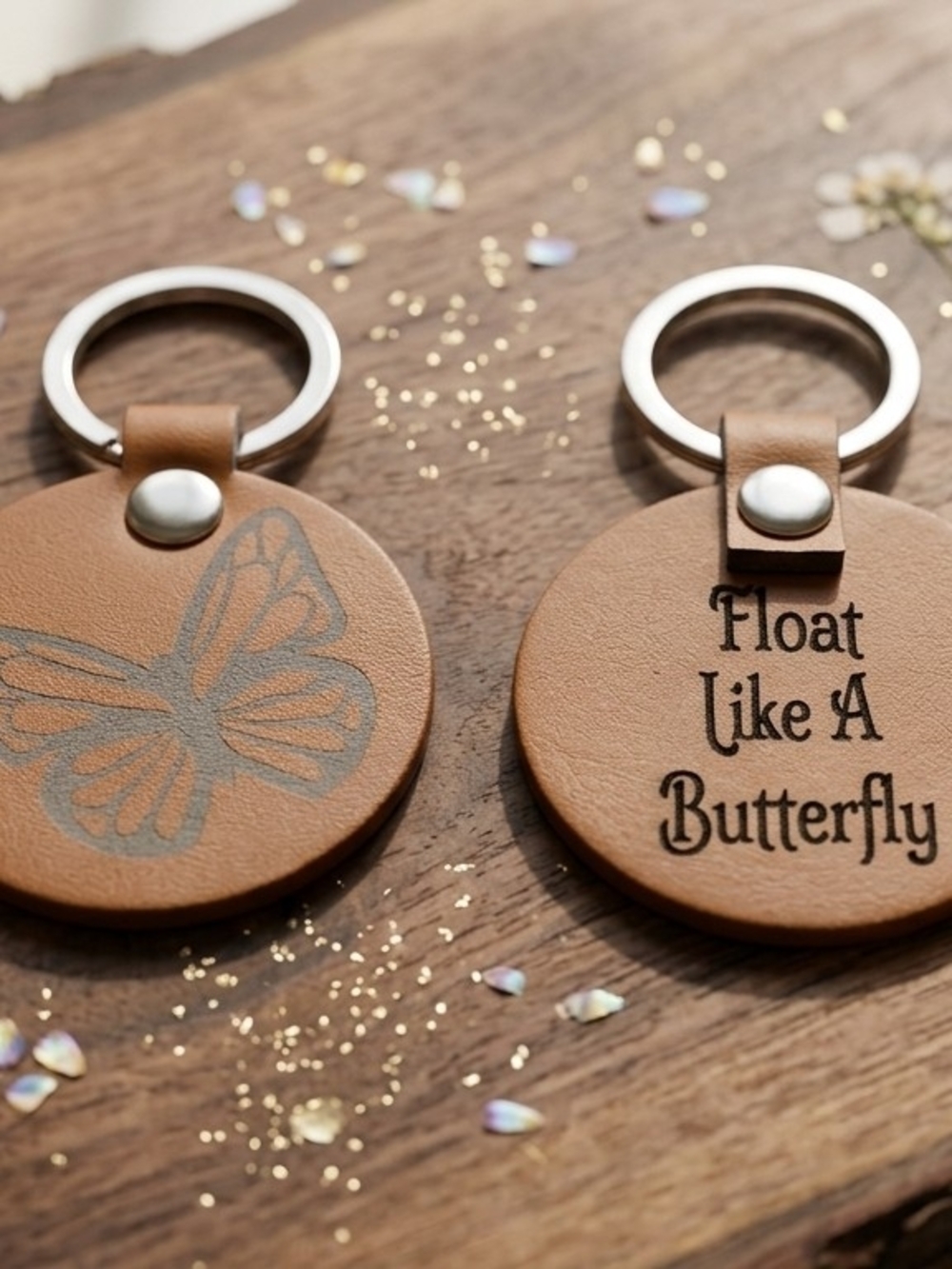 Round Tan Leather Keychain with Butterfly Design